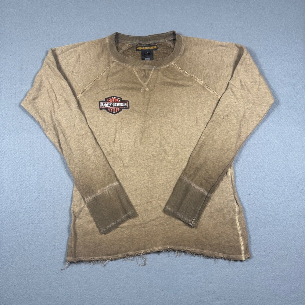 Harley-Davidson Mens Studded Logo Raw Hem Thermal Sweatshirt‎ Tan Large